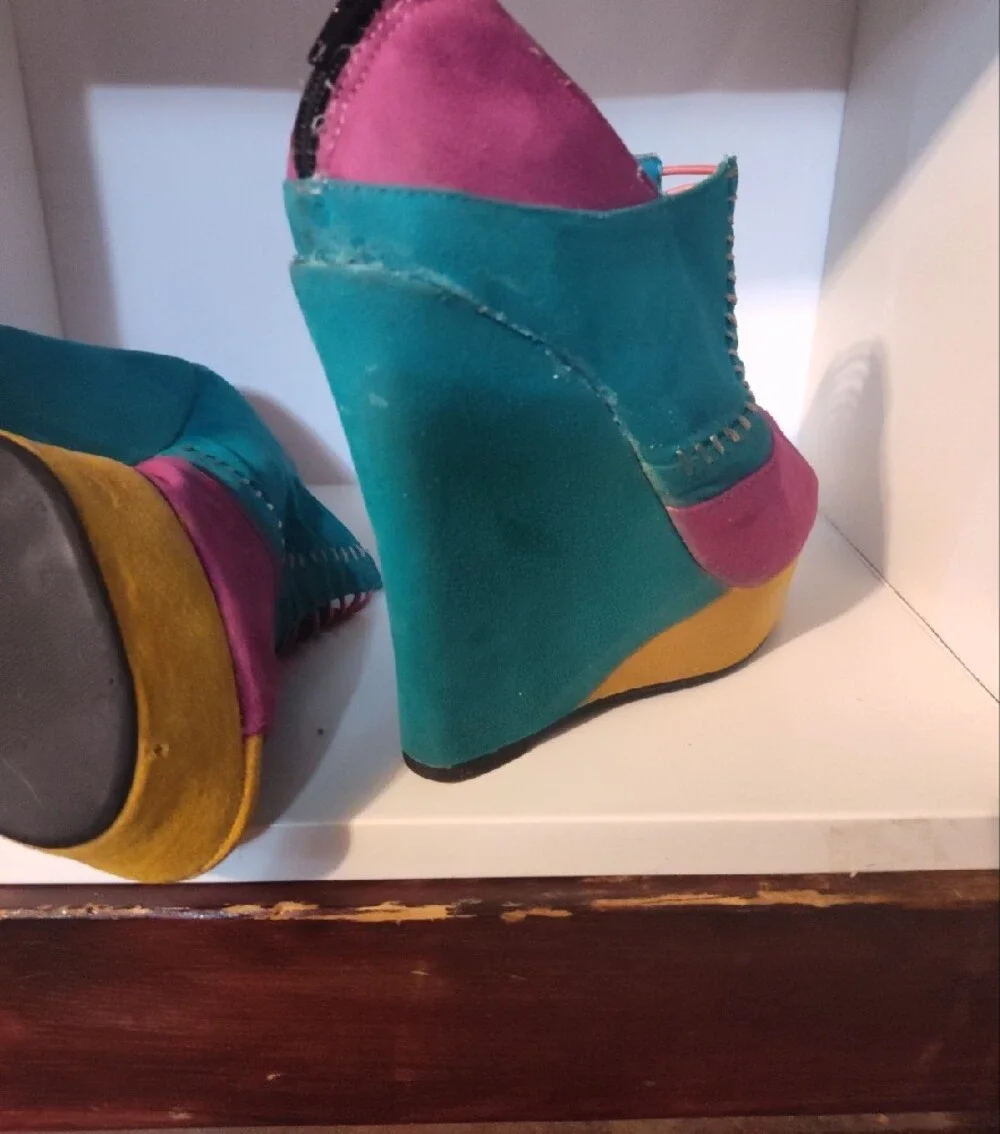Colorblock faux Suede Wedge Peep Toe Heels in Teal, Magenta & Mustard